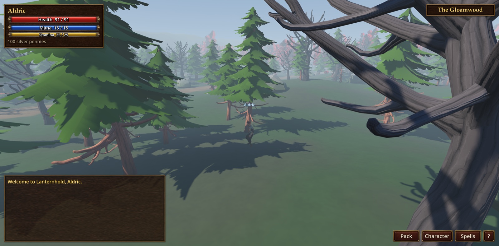 A player on a forest road fighting a small monster