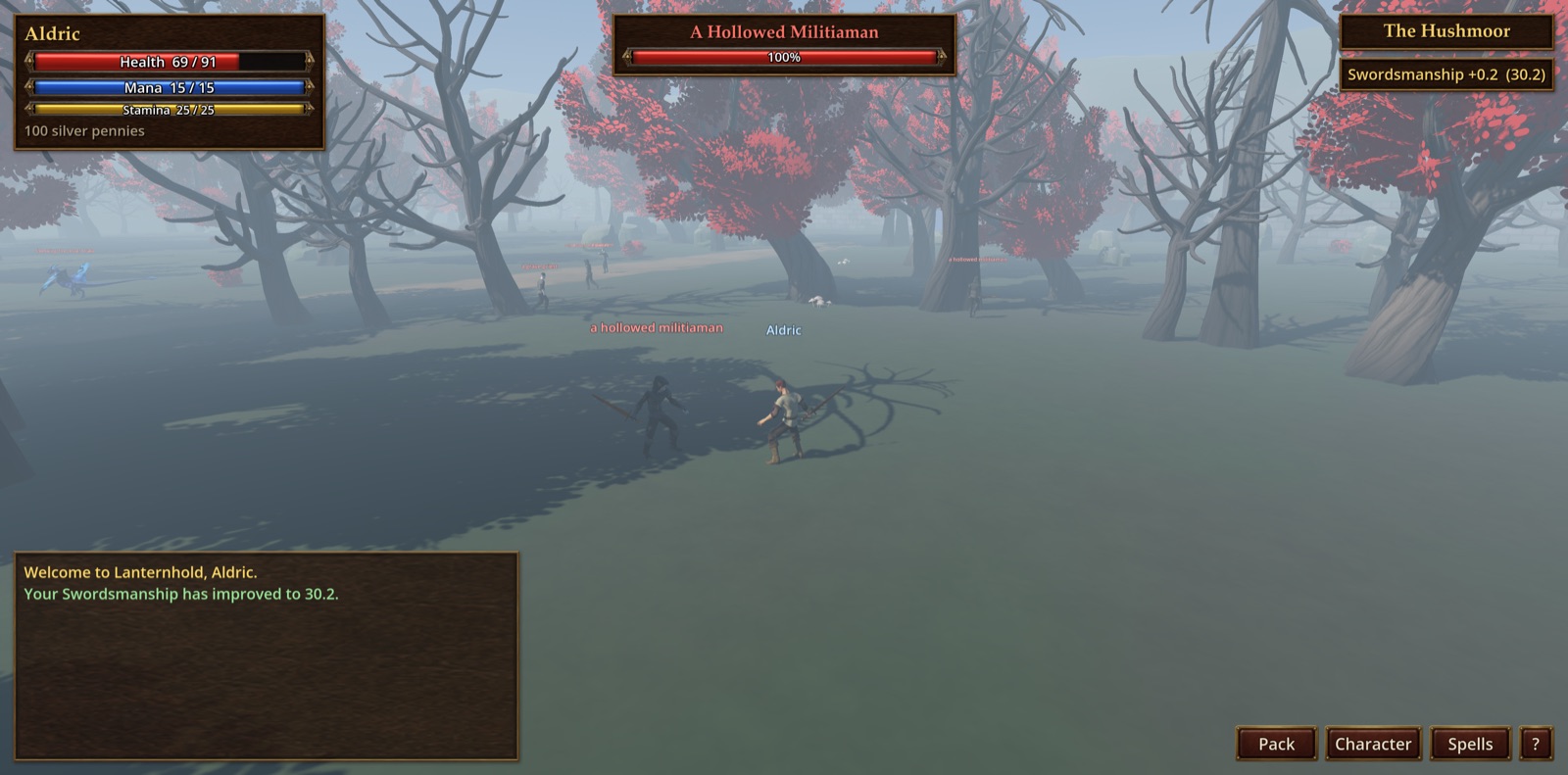 A player fighting a monster on a foggy moor under red trees